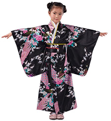 XueXian(TM) Mädchen Kimono mit Obi-Gürtel Robe Yukata Blumen Pfau Muster Japanisch Morgenmantel(Höhe:110-120 cm/Schwarz)