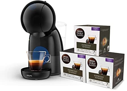 Krups Nescafé Dolce Gusto Piccolo XS KP1A08 Cafetera de cápsulas de 0.8L, modo Eco, bandeja 3 alturas, color negro, 3 Packs Café Intenso