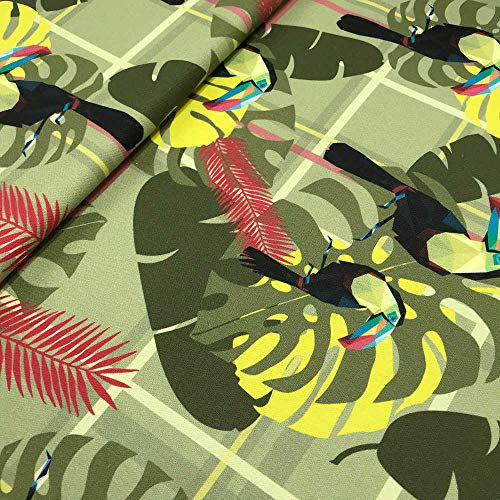 Kt KILOtela - Dekostoff Halbpanama Bio-Baumwolle, Meterware, Home-Accessoires, Tischdecken, Kissen, Taschen, 100 cm Länge x 280 cm Breite, Origami Tukan, Schottisches Quadrat, Grün, Gelb, 1 Meter
