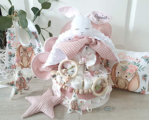 Windeltorte XXXL - Mädchen mit Name - Kuscheltier Hase Hoppi Schnullerkette & Greifling Spucktuch - Geschenk, Baby, Geburt