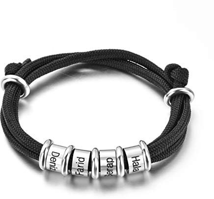Bracelet réglable tressé en corde pour homme personnalisé avec perles personnalisées, bracelet à breloques de nom personnalisé pour homme avec nom de famille Bracelet d'identification pour homme