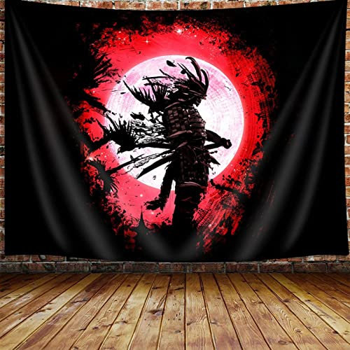 Anime Samurai Tapestry, Cool Japanese Black and Red Art Tapestry Wall Hanging for Men Bedroom, Asian Chinese Red Sun Tapestries Poster Blanket College Dorm Home Decor (Red, 60X40)