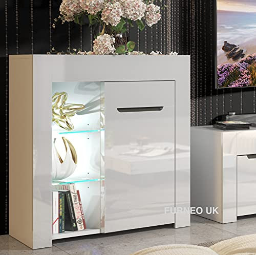 Furneo Milano 10 – White Sideboard Cabinet, Matt & High Gloss Finish, White LED Light