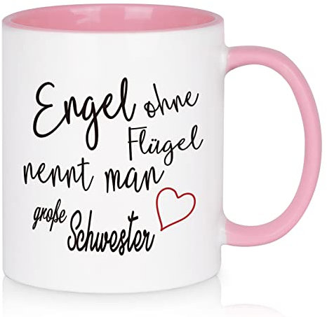 Livole Schwester Geschenk Weihnachten, Lustig Geburtstag Geschenke für Schwester, Freundin, Beidseitig Bedruckt Tasse mit Spruch Engel ohne Flügel nennt Man Schwester, 11oz 325ml Kaffeetasse, Rosa