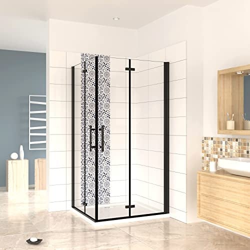 190cm Box Doccia Angolare 90x76cm 2 Porta Battente Pieghevole vetro 5mm | Anticalcare, Trasparente Vetro Temperato, Telaio Nero Opaco