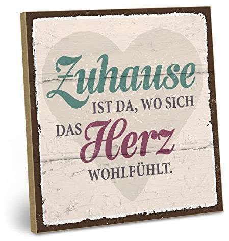 ARTFAVES® Wandbild Holzschild mit Spruch - Zuhause ist da wo sich das Herz - Türschild Retro Vintage Deko Bild Geschenk - Familie, Zuhause