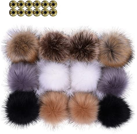 NC HUAPING 12 Pcs Fellbommel Mit Druckknopf,12 cm Faux Fox Fur Fluffy Pompom Ball for Hat with Removable Print Button for Knitting Hat Shoes Scarves Bag