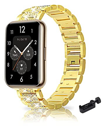 Metall Armband Kompatibel mit Huawei Watch Fit 2 Armband Edelstahl Für Damen Herren Funkelnd Ersatz mit Schnalle Elegant Uhrenarmband Für Huawei Watch Fit 2 (Gold)