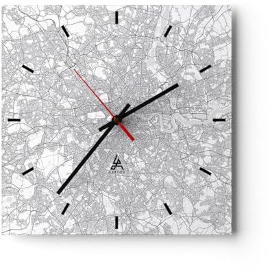 Modern Wanduhr Stadt Karte London 40x40cm Quadrat Groß Wand Uhr Glas Analog Zimmeruhren Küche Büro Wohnzimmer Glasuhr Wall Clock Dekoration Design Wanddekoration Küchenuhr C3AC40x40-4680