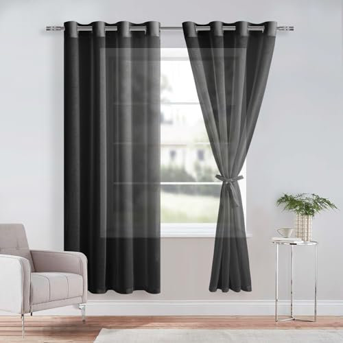 DWCN 2er Set Sheer Voile Vorhänge mit Ösen Transparente Gardinen für Schlafzimmer Kinderzimmer Wohnzimmer, Schwarz, 225x140cm(HxB)