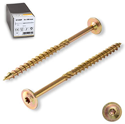 STRÜBER Tellerkopfschrauben mit Torx-Antrieb (6,0 x 240 mm / 100 Stück) Holzschrauben für Dachkonstruktionen - Konstruktionsschrauben Gelb verzinkt - Sparrenschrauben TX-Buchse - BIT TX-30 inklusive!