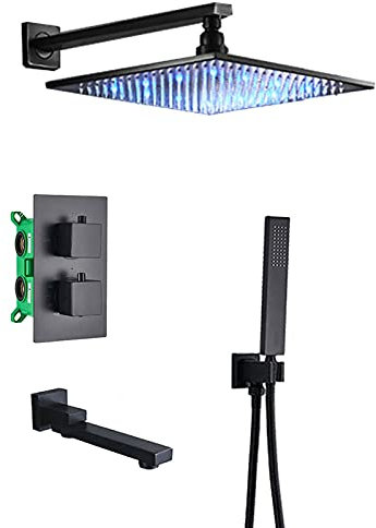 Thermostatisches Duschsystem Mattschwarz, LED-Regenduschkopf mit Handbrause, an der Wand montiertes Badewannen-Wasserhahn-Set, Badezimmer-Duschmischbatterie, 10 Zoll