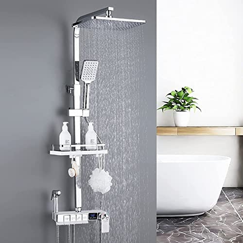HAIKANGSHOP Duschsäule Mit LED-Anzeige, Thermostatisches Klaviertasten-Duschsystem, Höhenverstellbar, Große Kopfbrause Mit Ablagen Und Haken for Badezimmer (Farbe : Argent, Größe : 118cm)