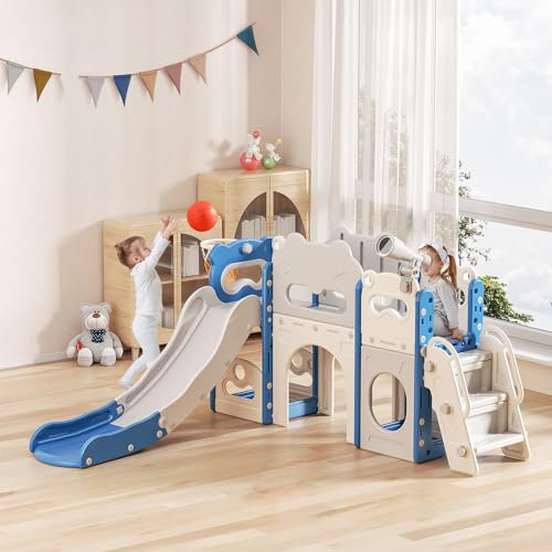 Lischwert Toboggan pour Enfant avec Panier de Basket, boîte de Rangement et télescopique, Toboggan autoportant, pour l'intérieur et l'extérieur, Toboggan de Jardin (Bleu Gris 7-in-1)