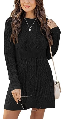 Ebifin Sweater Dresses for Women Elegant Jumper Dresses Knitted Round Neck A-Line Mini Dress Winter Pullover Dresses.Black.XS