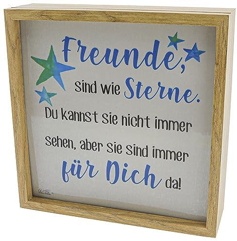 WB wohn trends LED-Leuchte Leuchtkasten, Freunde sind wie Sterne, beige, 20x20x6cm, Deko-Licht mit Spruch LED-Lampe Holz-Rahmen