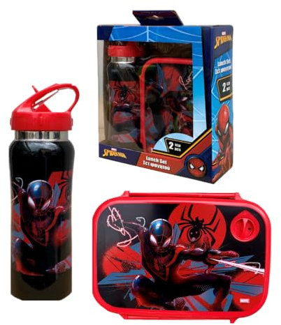 Set pranzo per bambini Spiderman Marvel 2 pezzi borraccia in alluminio e portamerenda bottiglia con beccuccio ripiegabile e contenitore portapranzo