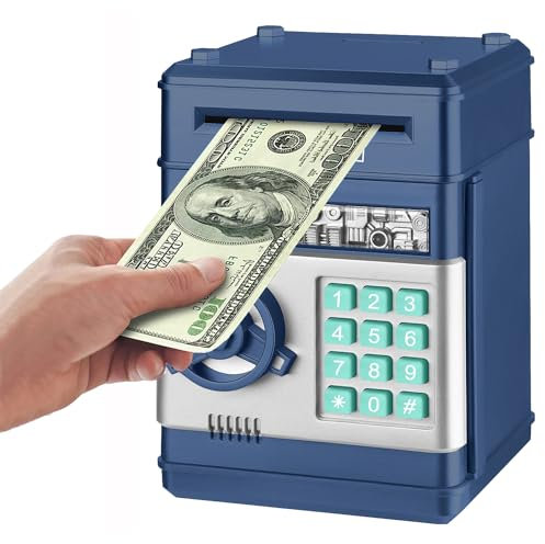 Revanom Electronic Piggy Bank, Mini ATM Password Money Bank Cash Coins Saving Box for Kids, Cartoon Safe Bank Box Perfect Toy Gifts for Boys Girls (Navy Blue)