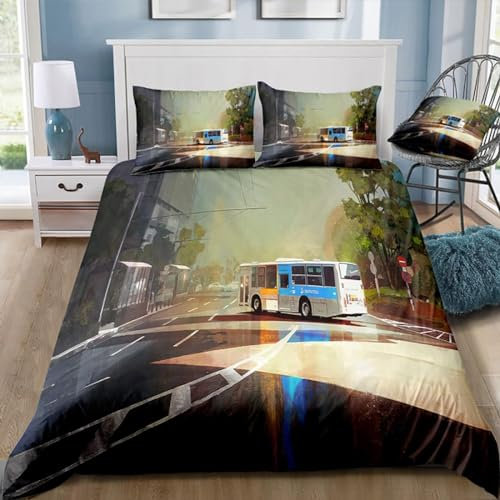 Bettwäsche 135x200 Der Bus 3D Muster Stadtbus Bettwäsche-Sets 3 Teilig Weiche Microfaser Bettbezug Set mit Reißverschluss und 2 Kissenbezug 80x80 cm F111