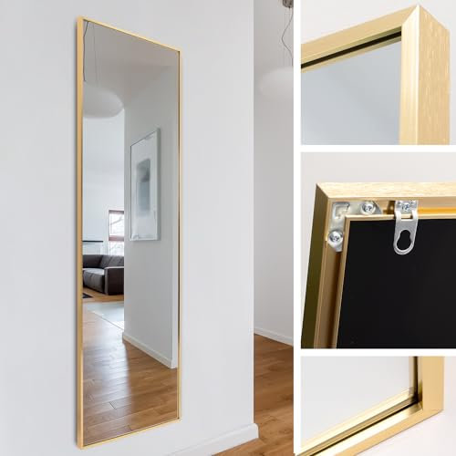 Rechteckiger Ganzkörper Standspiegel schmal 40x150cm, eingefasst im edlen goldenem Aluminium Rahmen - kristallklare Spiegelung mit High-Definition-Glas - für Schlafzimmer, Bad, Flur, Wohnzimmer