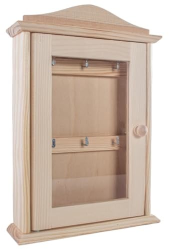 WooDeeDoo Schlüsselkasten aus Holz mit Glastür und 6 Haken – Wandmontierter Schlüsselhalter für den Innenbereich für Flur Küche Eingang – unlackiertes dekoratives Holz – 20 x 6 x 29,5 cm