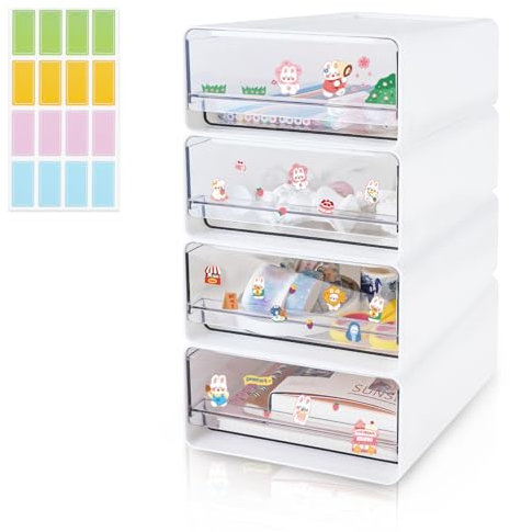 4PCS Stackable Desk Organiser with 4 Drawers and Labels, Plastic Storage Drawer Units, Compact Desktop Organizer Boxes, Translucent Stationary Organiser, Office Craft Drawers for Dorm (4pcs, White)