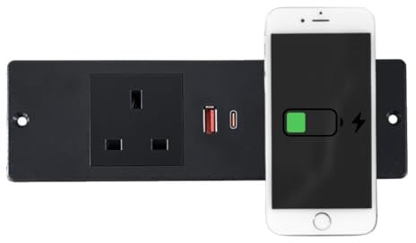 Furniture Recessed Power Strip USB C with Wireless Charger and 1 UK Plug, 1.8M Power Extension Cord for Home Office Conference Desktop, Black
