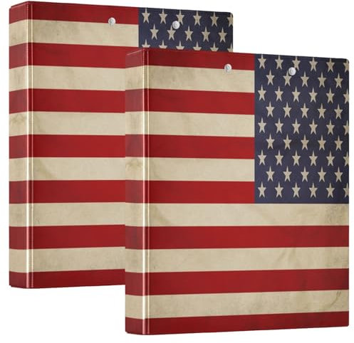 Quteprint Ringbuch mit 3 Ringen, amerikanische USA-Flagge, Vintage, 3,8 cm, runder Ringordner mit 3 transparenten Innentaschen, Ordner-Organizer mit Klemmbrett für Büro, Zuhause, Schule, hält 200