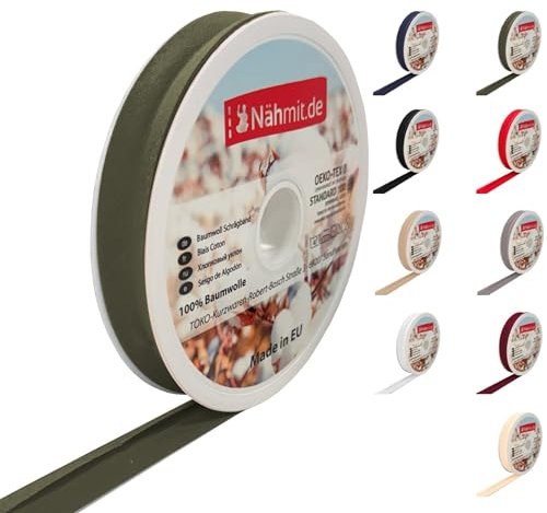 Nähmit 25m Rolle Baumwoll Schrägband, 100% Baumwolle 20mm Breit - 40/20 vorgebügeltes Schrägband (A17-Olivegrün, 25m Rolle)