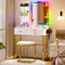 yoofun LED White Dressing Table With Mirror and Stool, Small Makeup Desk with Charging Station, Modern Glass Top Vanity Table Set with 3 Drawers, Open Shelves for Bedroom Ajustable Light