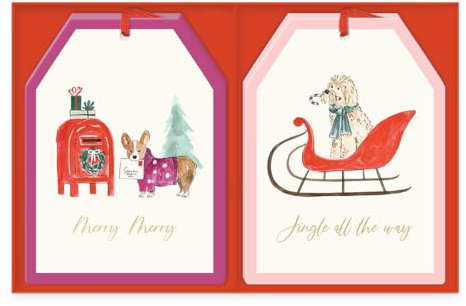 Punch Studio 71833 Weihnachts-Geschenkanhänger mit Bändern und Goldfolie, Schneetaghunde, 12 Stück – 6 von jedem Design, 7,6 x 10,2 cm