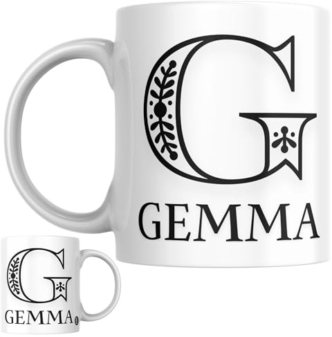 Designs of note! Gemma Personalised Initial Name Mug | Letter G Decorative Coffee Cup for Her | Novelty Elegant Gift for Women or Girls Called Gemma