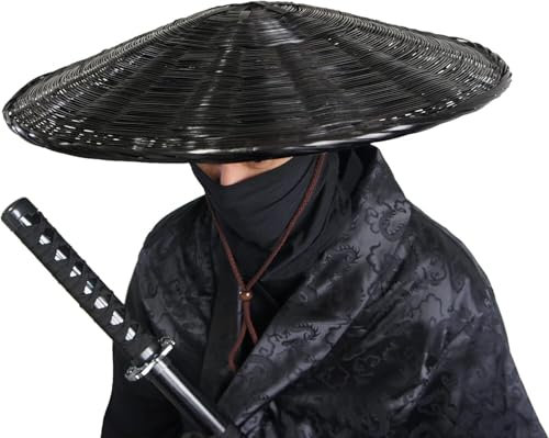 ROJDFCNBW Chinesischer Bambushut, ritterlicher Männerhut, Traditioneller Samurai-Schwertkämpfer-Cosplay-Hut, chinesischer Bambushut, 21 Durchmesser x 4 Tiefe(Svart)