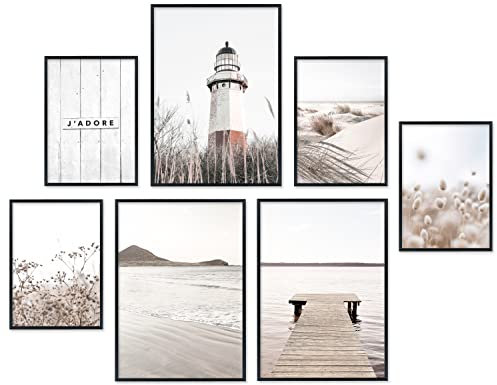 Hyggelig Home Premium Poster Set - 7 harmonische Bilder Leuchtturm Meer Strand Nordsee - Set Lighthouse - mit Rahmen schwarz