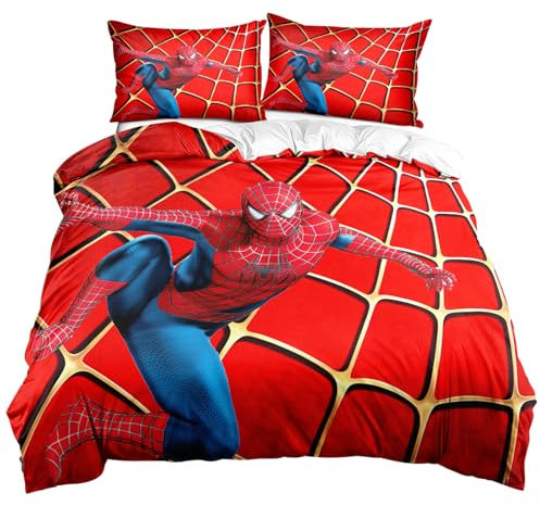 Cartoon Kinderbettwäsche Set, 1 Bettwäsche 135x200 + 2 Kissenbezug 75×50, 3D Anime Cartoon Drucken Kinderbettwäsche, für Jungen & Mädchen, Jugendliche Bettwäsche, Spider Geschenke (Spiderman)
