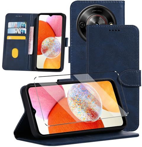 HuiYouMY Cover e Vetrino Compatible with ZTE Blade A75 5G Premium Pelle PU Flip Libro Custodia Cover Antiurto Piu Vetro temperato Pellicola Protettiva,[Slot per Scheda] [Funzione di Supporto] Navy
