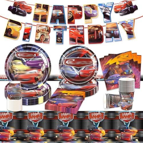 Chukua Auto Pappteller Kindergeburtstag Deko Jungen- Car Geburtstag Geschirr Deko Geburtstagsdeko Car Partygeschirr Set Party Supplies Girlande Deko Banner Tischdecke Servietten Teller Tassen