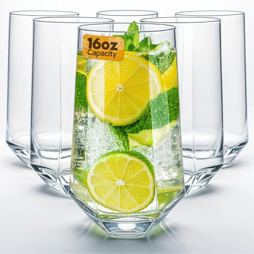 WARMEST SPIRIT Set di 6 bicchieri in cristallo per bevande, design esagonale, bicchiere da birra e bicchiere highball da 470 ml, moderno bicchiere alto per birra, cocktail, tè freddo, bevande fredde e