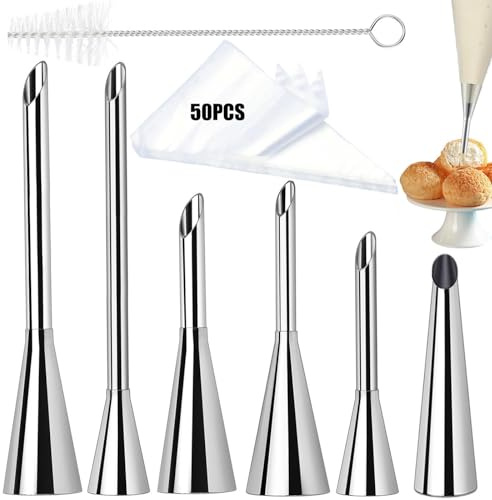 Spritztüllen Set für Windbeutel – 6 Lange Tüllen, Reinigungsbürste + 50 Spritzbeutel (14 Zoll) – Edelstahl, Lebensmittelecht für Backen & Dekoration (6)