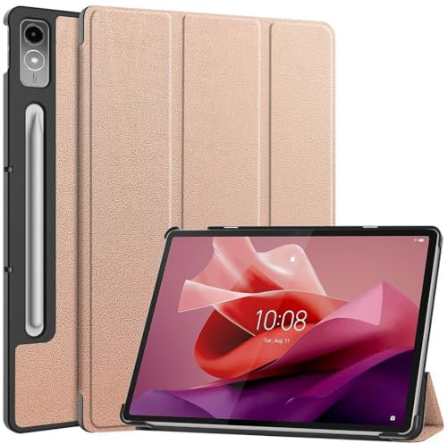 SATURCASE Custodia per Lenovo Tab P12 da 12,7 2023 TB370FU, in pelle PU, pieghevole, sottile, leggera, con funzione di accensione e spegnimento automatico, custodia per tablet (oro rosa)