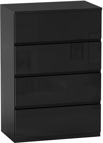 HOMCOM Kommode mit 4 Schubladen, modernes Schlafzimmer, mit kippsicherem Design, Kommode für Wohnzimmer, Flur, 55 x 34 x 80 cm, Schwarz glänzend