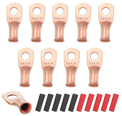 sourcing map 10pcs 8 AWG M6 Battery Lugs Ring Terminals, 1/4 6mm Stud Crimp Wire Terminal Connector End Copper, 2:1 Heat Shrink Tubing, Gold