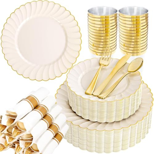 YOUBET 350PCS Ivory Scalloped Plastic Plates - Ivory and Gold Disposable Dinnerware Set Include 100 Plates, 150 Gold Silverware, 50 Cups, 50 Napkins for Wedding & Party