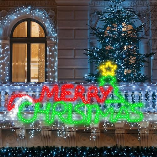 Rossesay Lighted Merry Christmas Sign Decoration Extra Large Green and Red LED Neon Pre Lit Display Outdoor Christmas Yard Decoration Garden Waterproof(Tree Style)