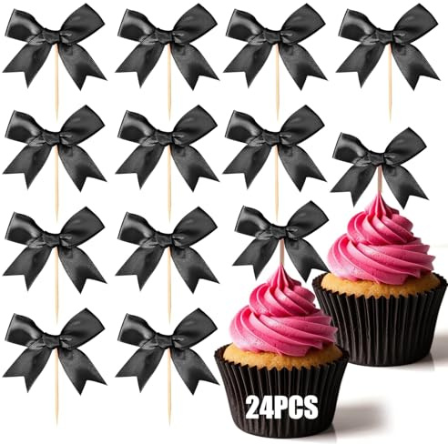 VICDUEKG Schleifen Tortendeko, 24 Stück Schleifenband Cupcake Toppers Hochzeit, Cupcake Muffin Kuchen Deko Mädchen, Kuchendeko für Taufe Geburtstag Deko (Schwarz)