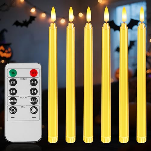 6 candele a LED, 28 cm, con telecomando, candele a LED con funzione timer, alimentate a batteria con fiamma tremolante 3D, candele elettriche per feste, Halloween, decorazioni natalizie, oro