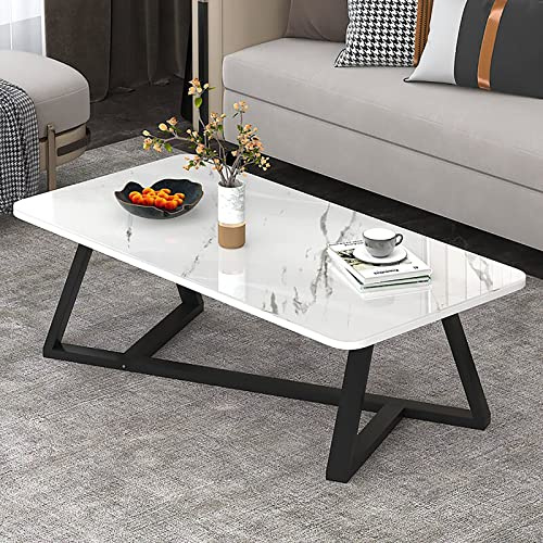 Mesa de centro de cristal con mesa de mármol sintético y marco de metal negro, mesa central rectangular para sala de estar, comedor o espacios pequeños