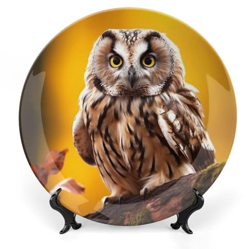 Autumn Forest Decorative Plates for Wall Hanging, Fall Owl with Yellow Eyes Ceramic Plate, Maple Tree Branch Wobble-Plate with Display Stand, Home Decor for Kitchen Cabinets, Farmhouse Round Tray 8in