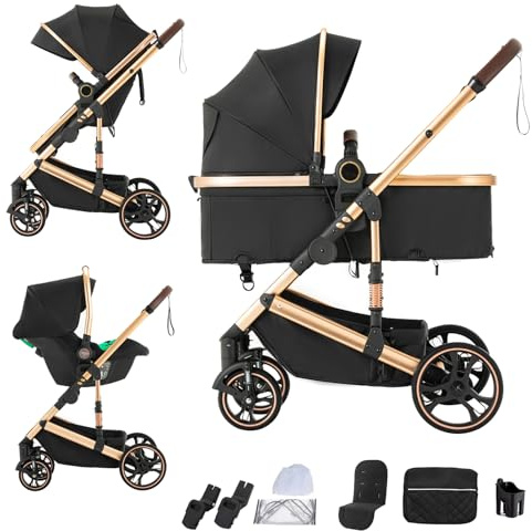 Shineey Kinderwagen 3 in 1,Puppenwagen Mit Babyschale Buggy Komplettset with One-touch Folding,KombiKinderwagen Mit Aluminiumrahmen für Neugeborene 0 bis 4 Jahre,0-22KG (H9BLACK, H9)