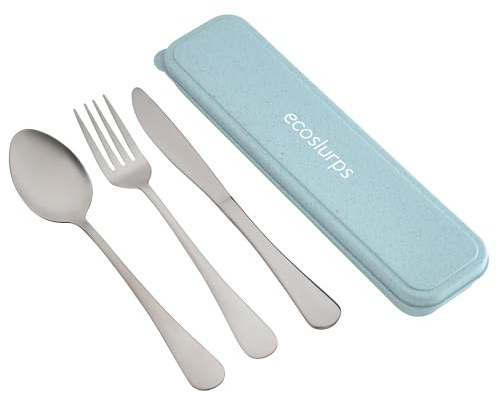 EcoSlurps Travel Cutlery Set in Clipdown Travel Case - British Designed 304 Grade Stainless Steel Metal Cutlery for Camping, Hiking, Lunch on the go and Eating Outdoors (Light Blue)